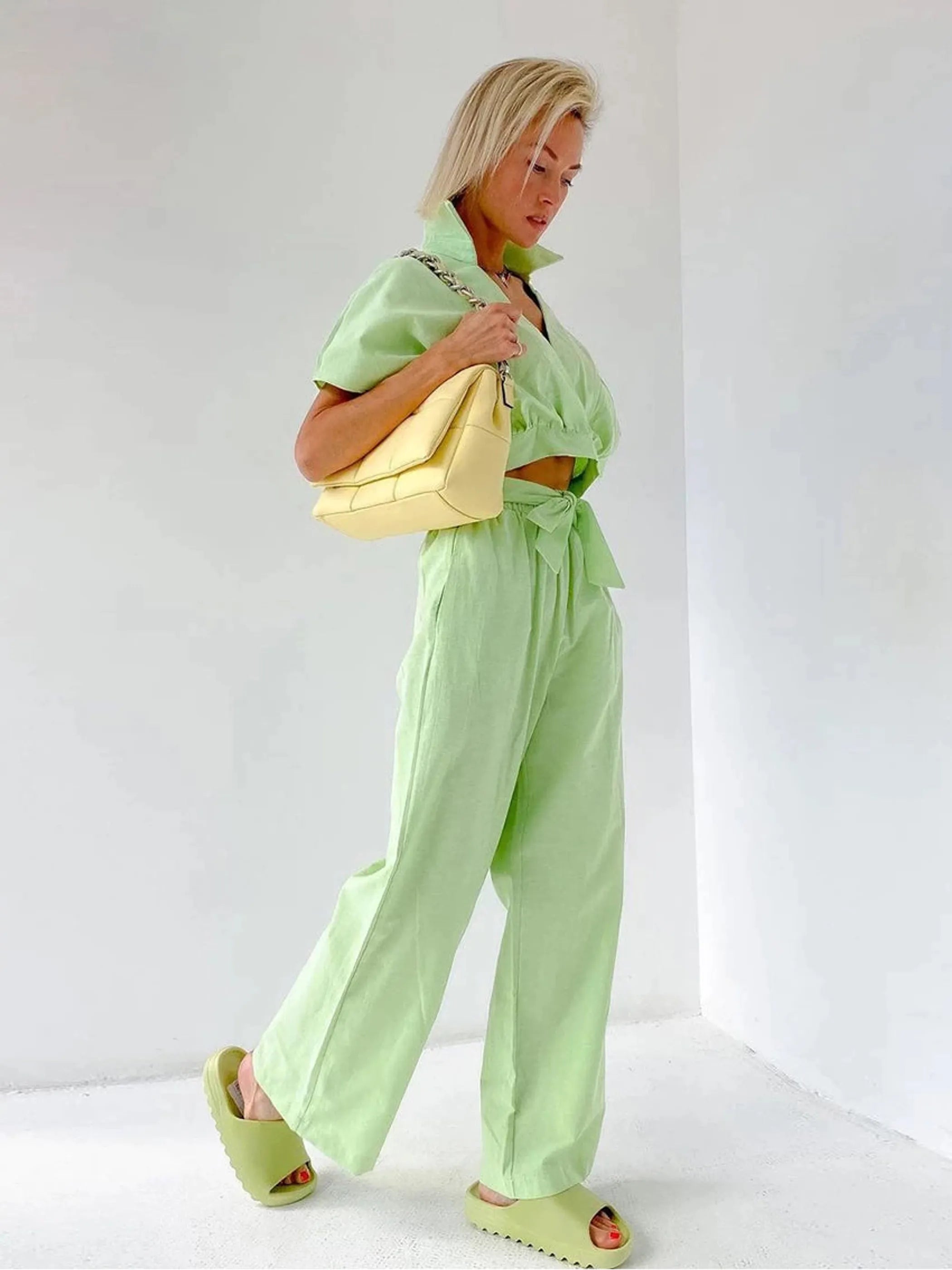 Green Collar Down Mid Sleeve Crop Top And Trouser Set