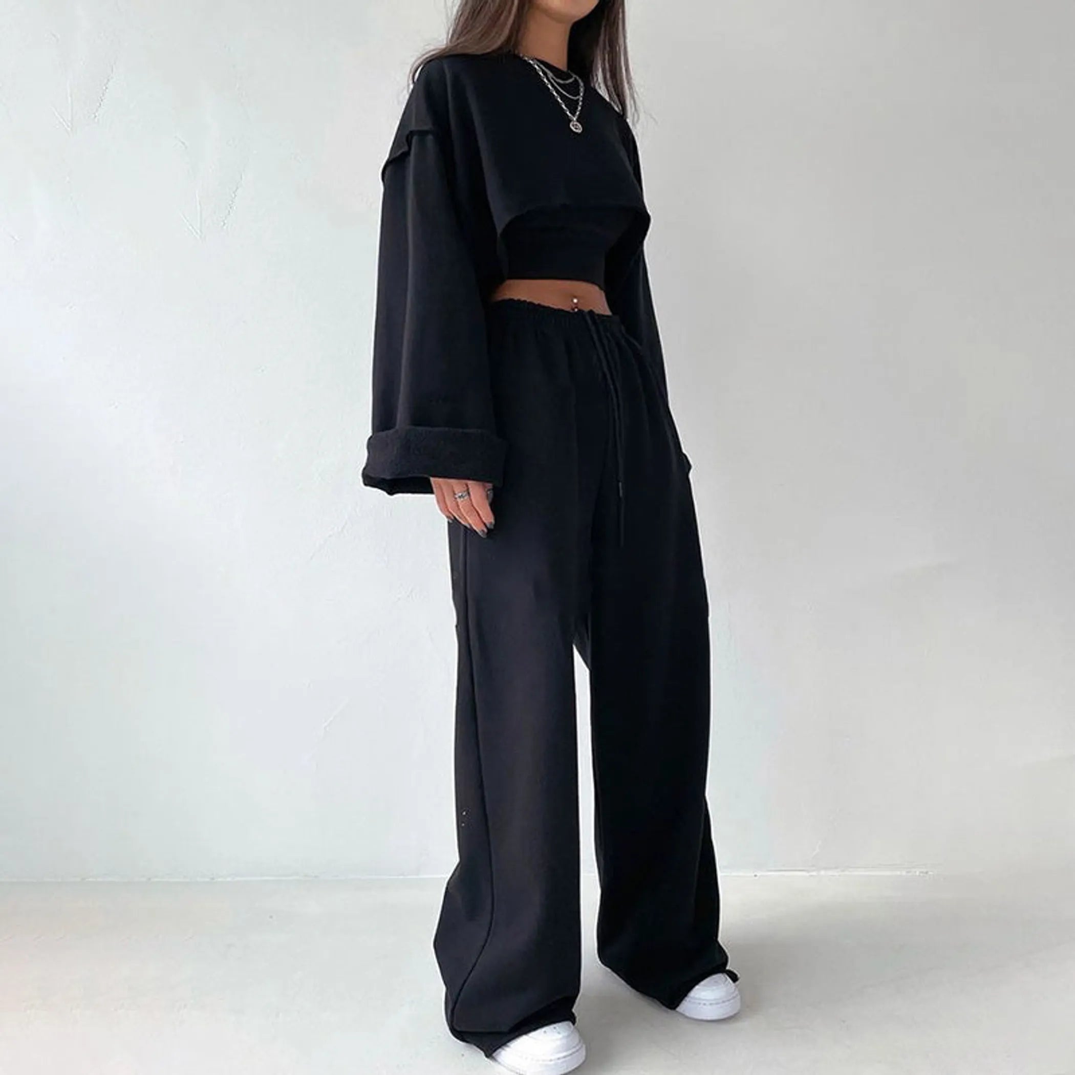 Round Neck Long Sleeve Cami Top And Pants Set