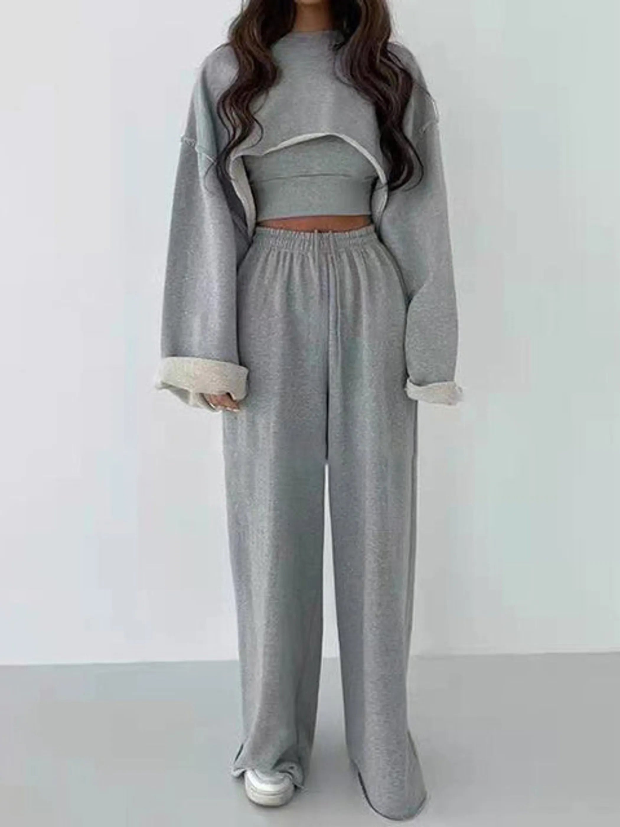 Round Neck Long Sleeve Cami Top And Pants Set