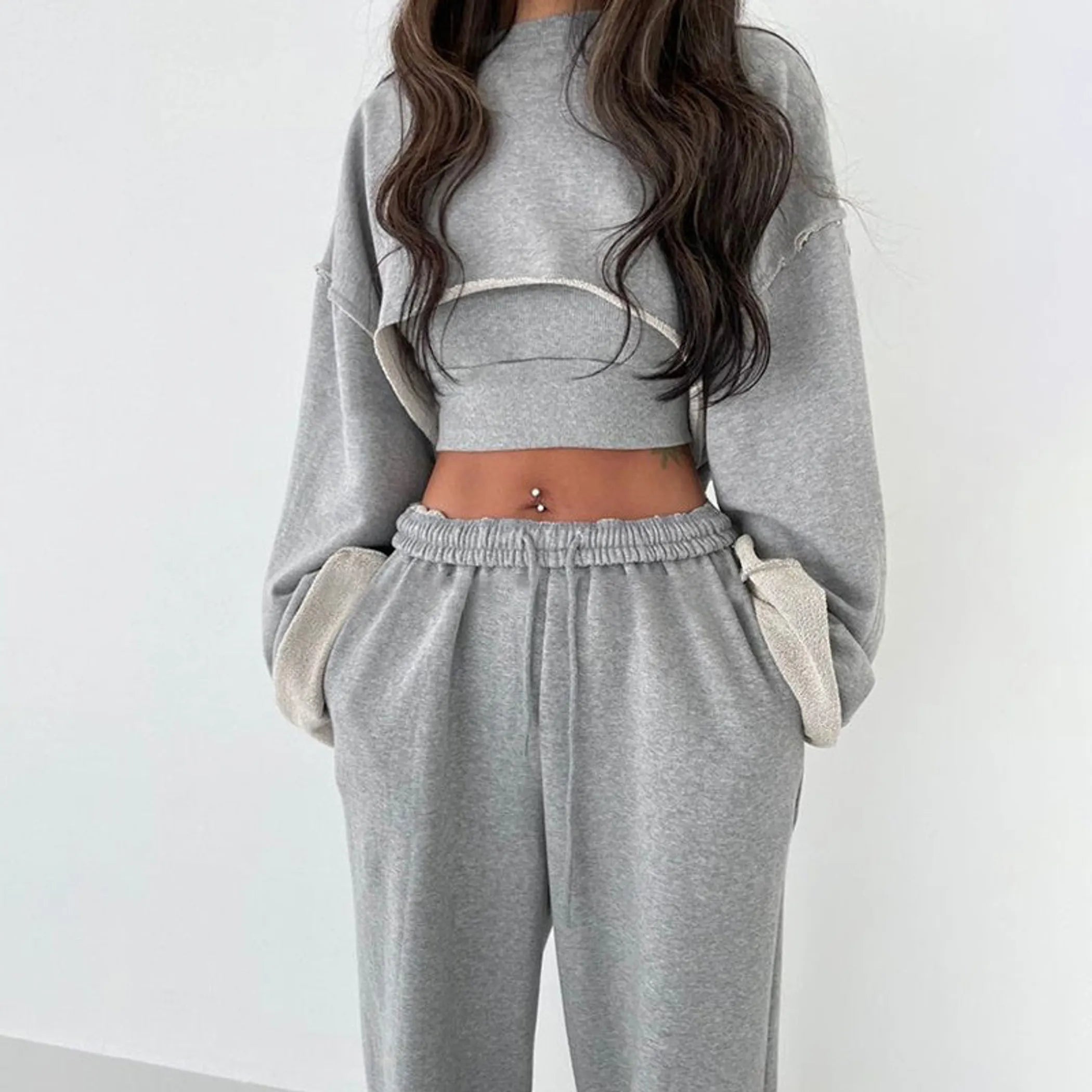Round Neck Long Sleeve Cami Top And Pants Set