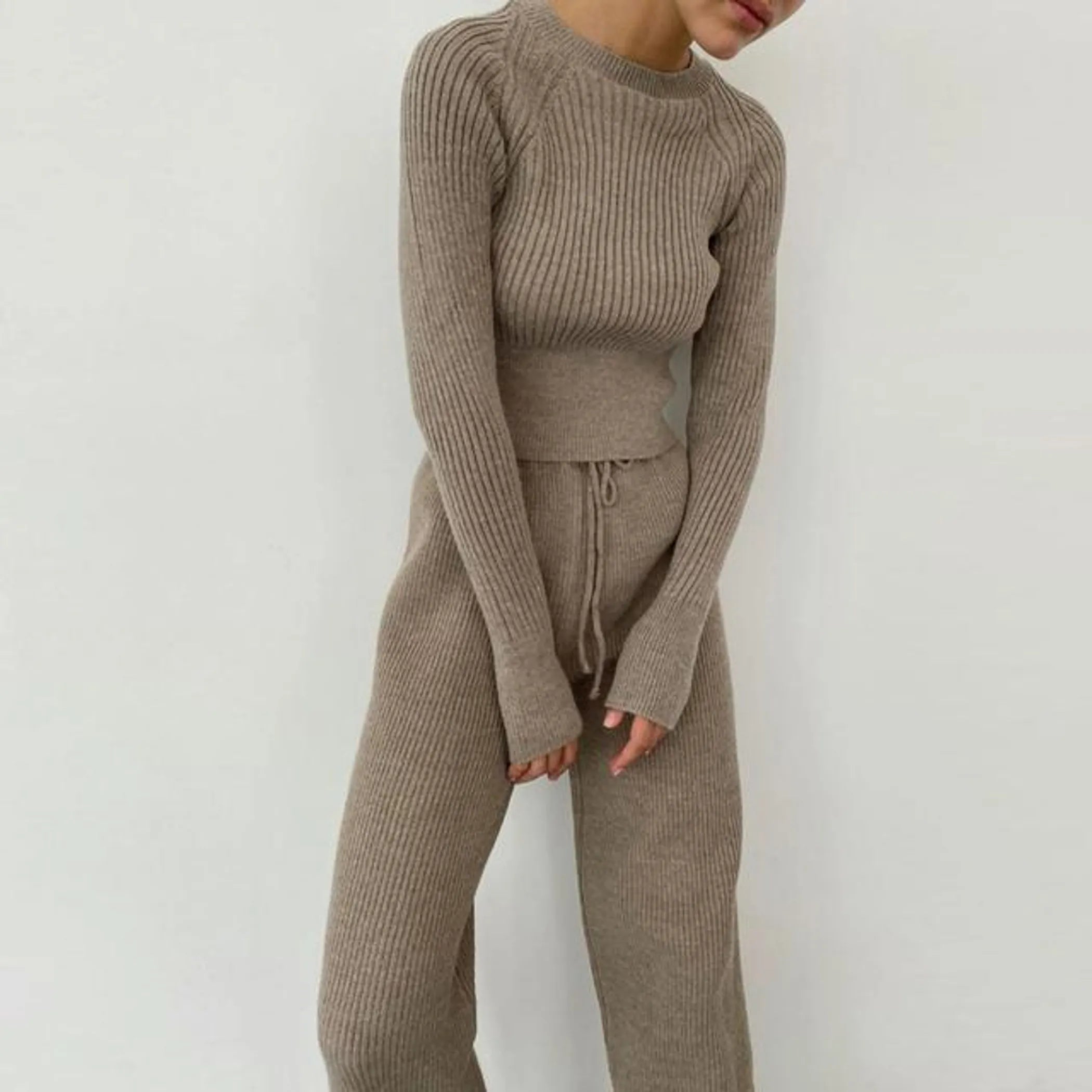 Knitted Round Neck Sleeve And Wide Leg Pants Set