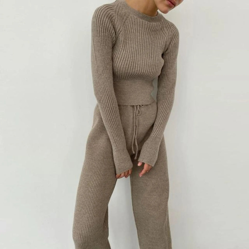 Knitted Round Neck Sleeve And Wide Leg Pants Set