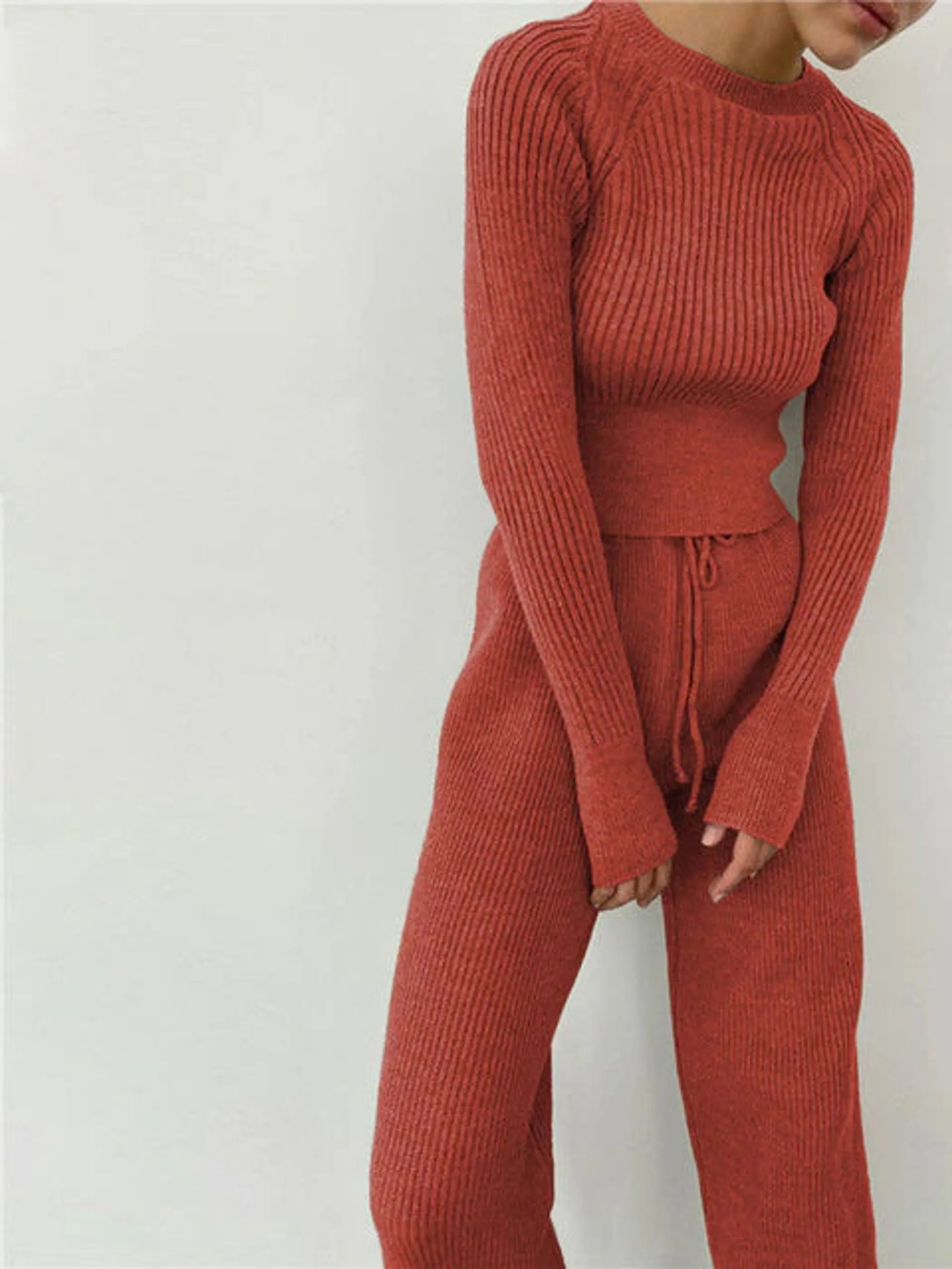 Knitted Round Neck Sleeve And Wide Leg Pants Set