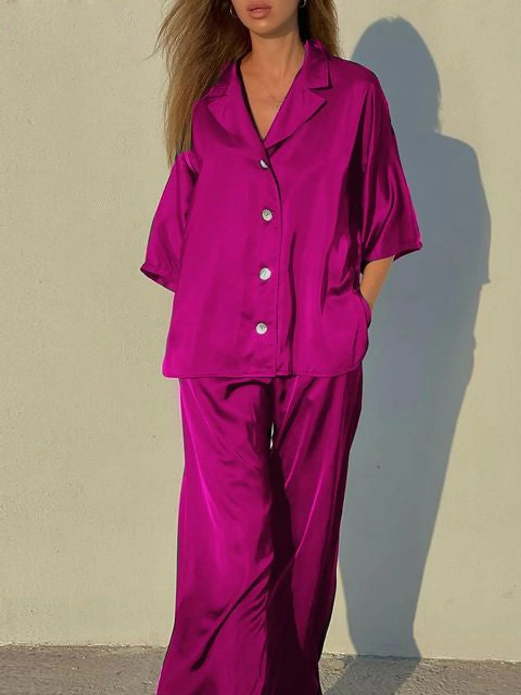 Satin Looses Sleeve Shirt And High Waist Pants Set