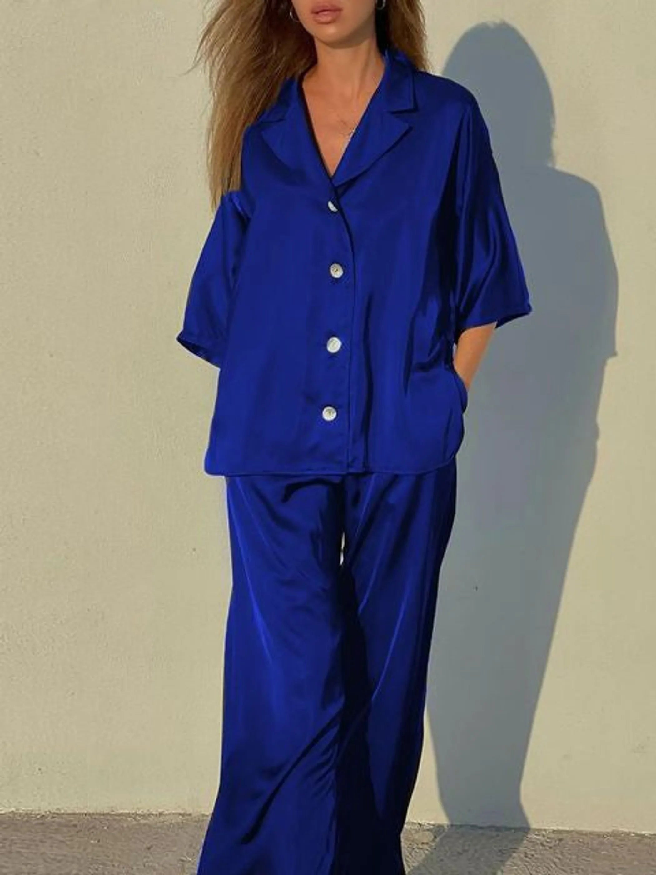 Satin Looses Sleeve Shirt And High Waist Pants Set