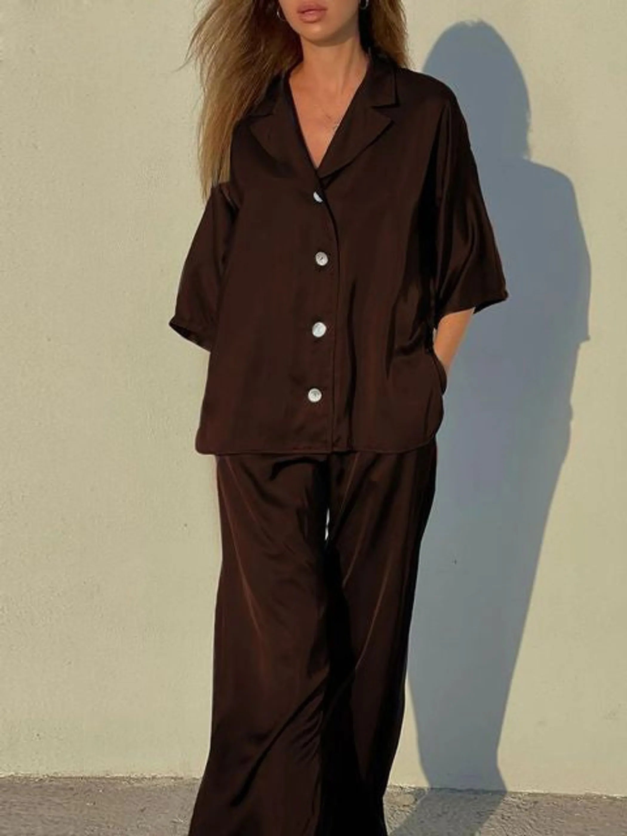 Satin Looses Sleeve Shirt And High Waist Pants Set