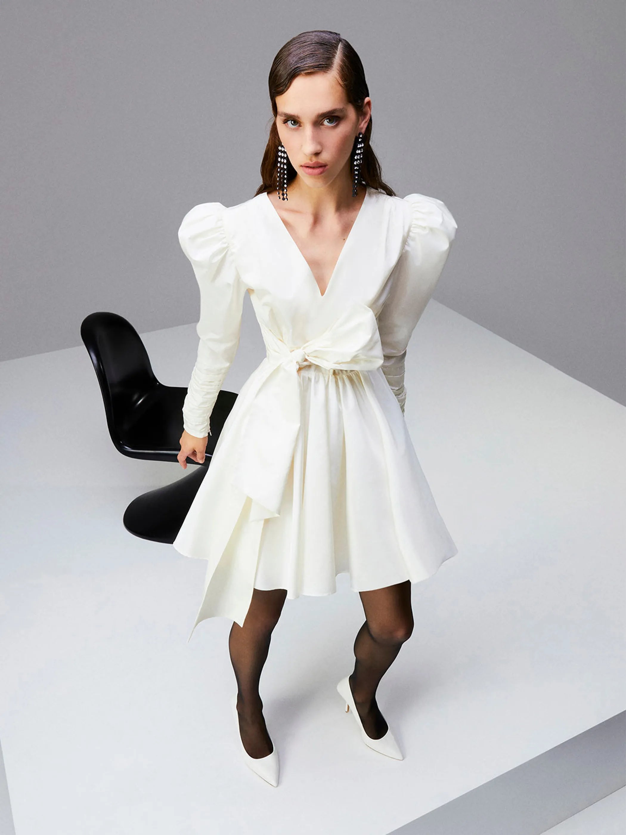 Long Puff Sleeves Belted Mini Dress