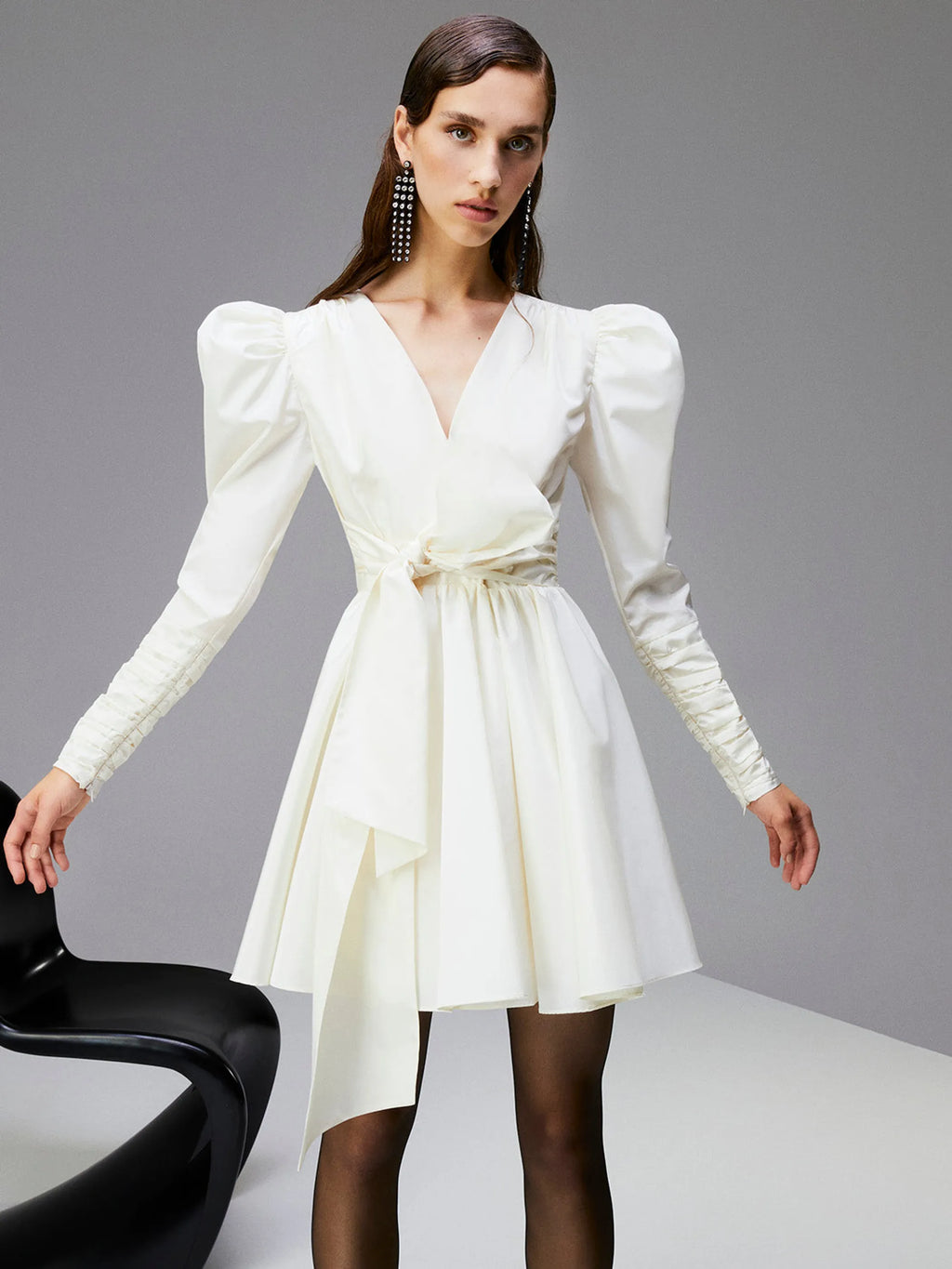 Long Puff Sleeves Belted Mini Dress