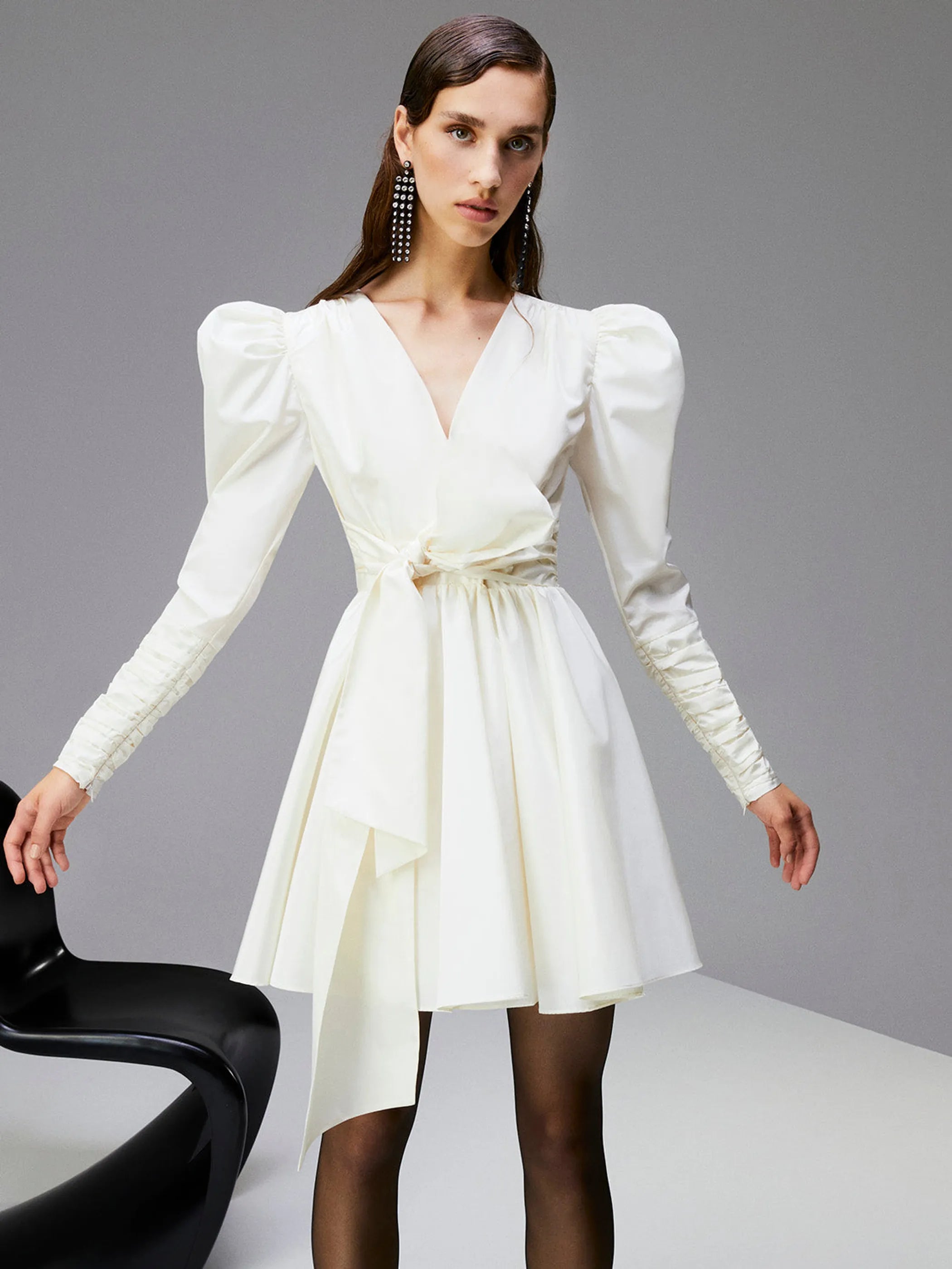 Long Puff Sleeves Belted Mini Dress