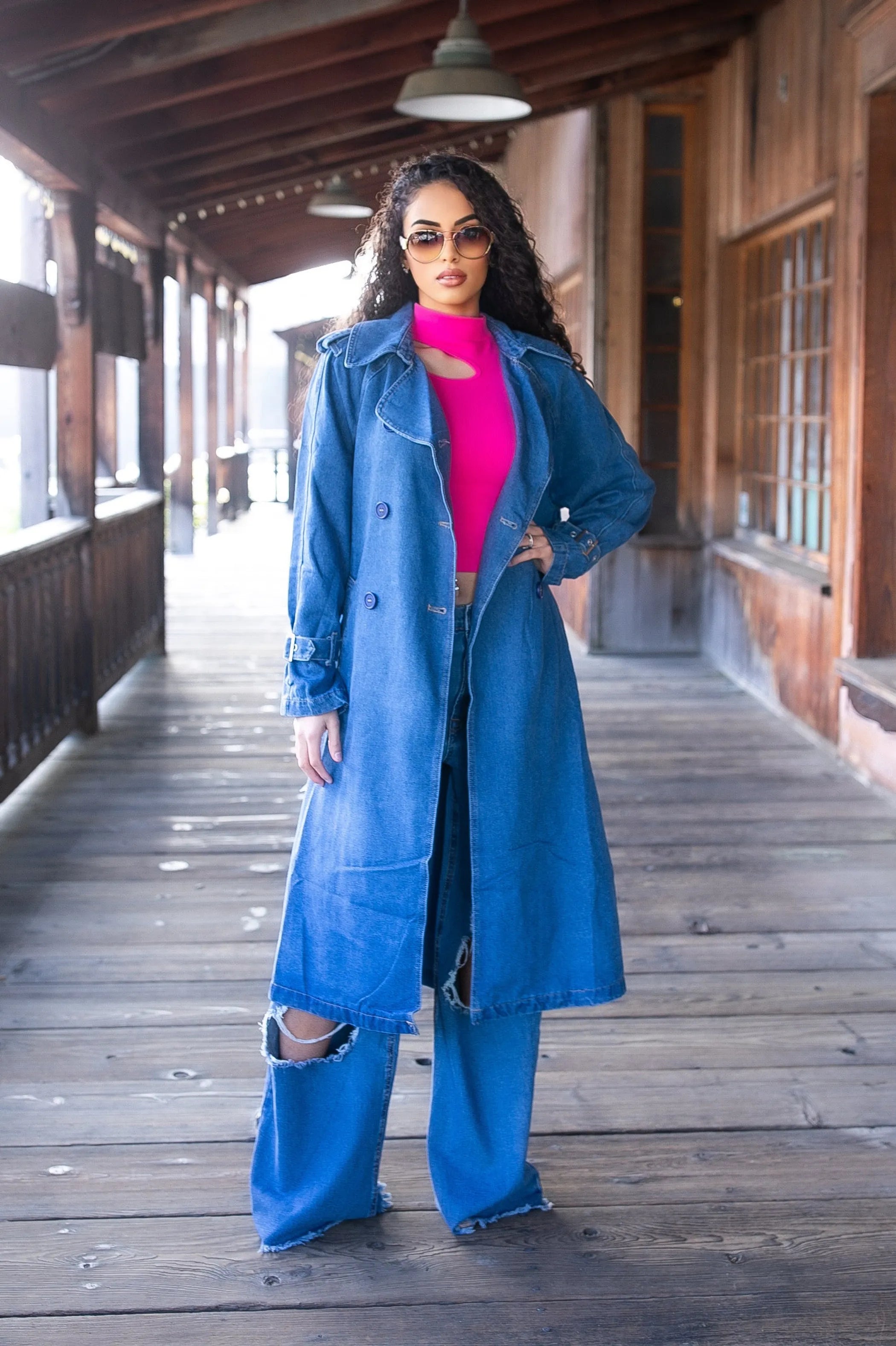 Denim Double Breasted Trench Coat