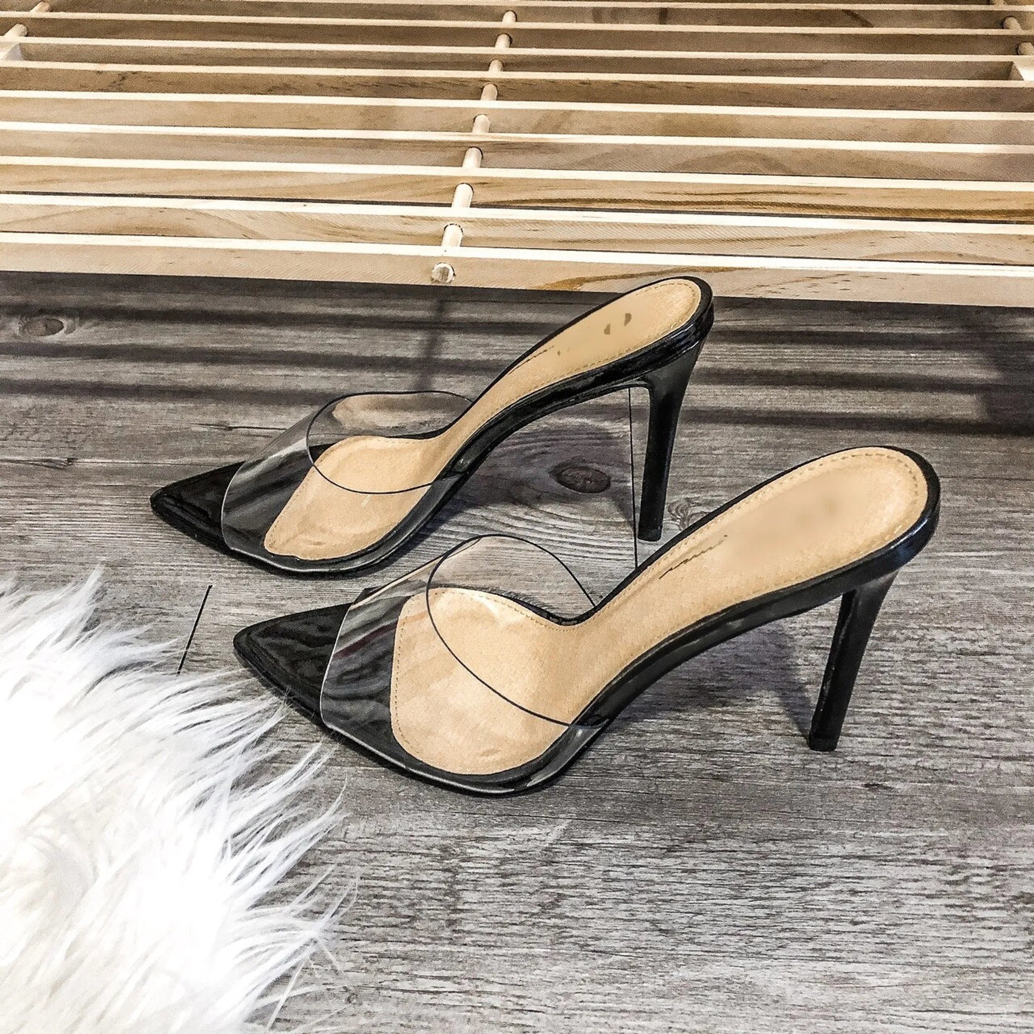 Amelia Black Pointy Toe Clear Upper High Heels Stilettos