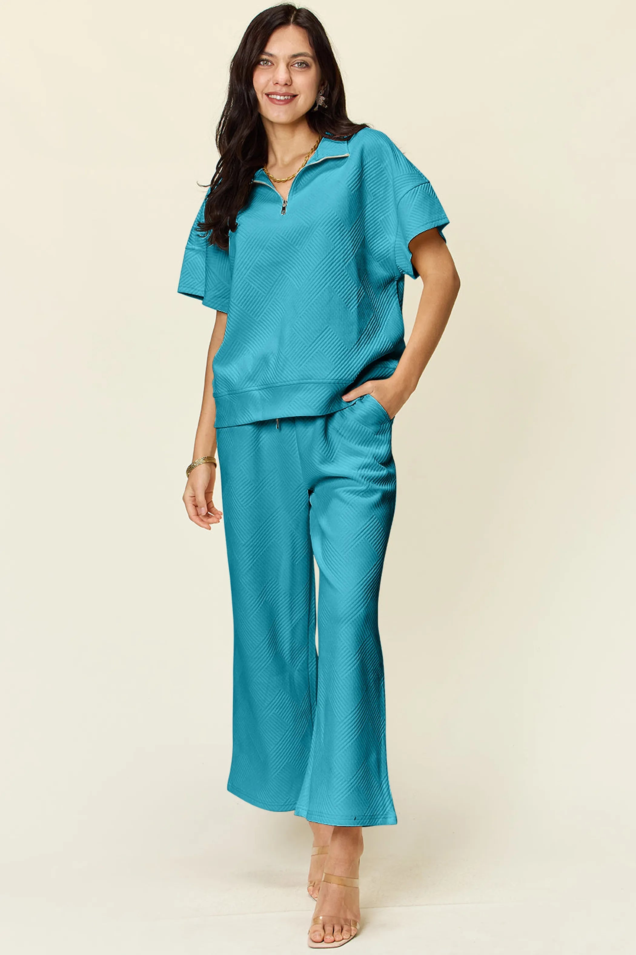 Double Take Full Size Texture Half Zip Short Sleeve Top and Pants Set